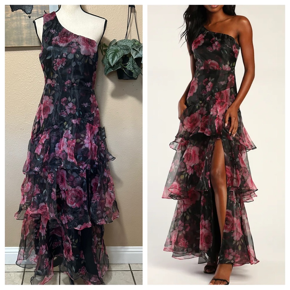 Lulu's Black and Pink Floral Maxi Dress